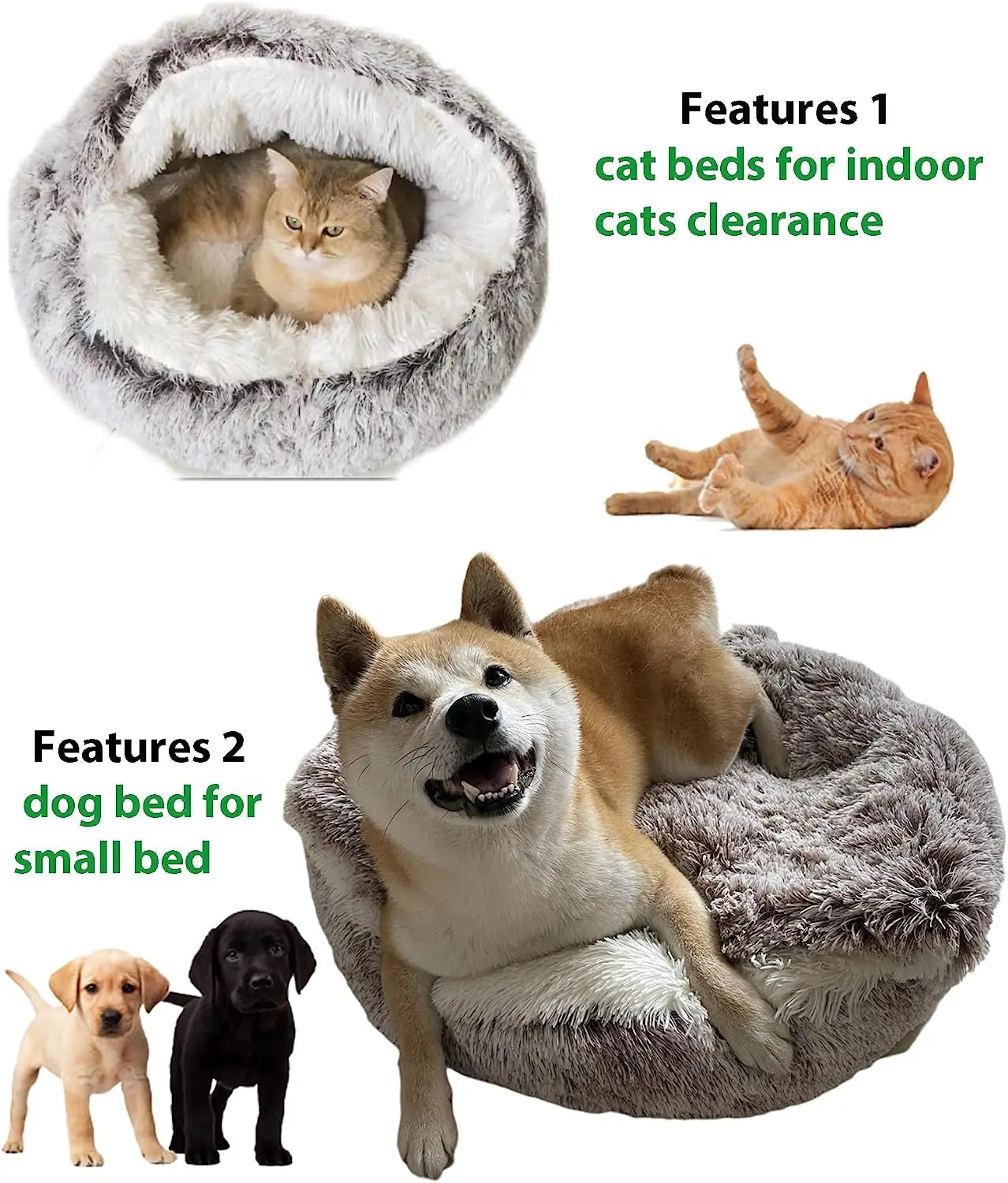 Soft Plush Pet Bed with Cover Round Cat Bed Pet Mattress Warm Cat Dog 2 in 1 Sleeping Nest Cave for Small Dogs