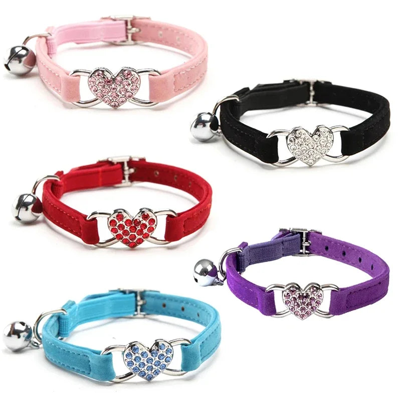 Heart Charm and Bell Cat Collar Safety Elastic Adjustable with Soft Velvet Material 8 Colors Pet Product Small Dog Collar  pet