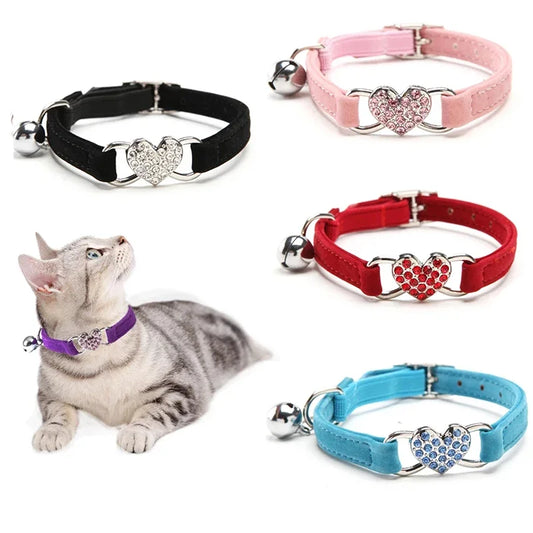 Heart Charm and Bell Cat Collar Safety Elastic Adjustable with Soft Velvet Material 8 Colors Pet Product Small Dog Collar  pet